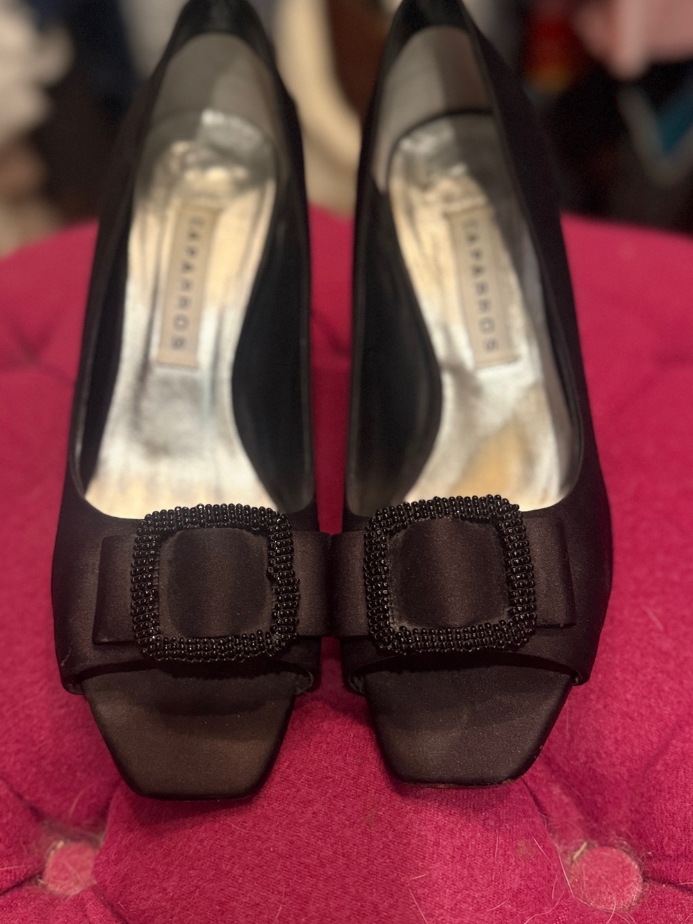 Caparros Black Satin Beaded Bow Peep-Toe Pumps